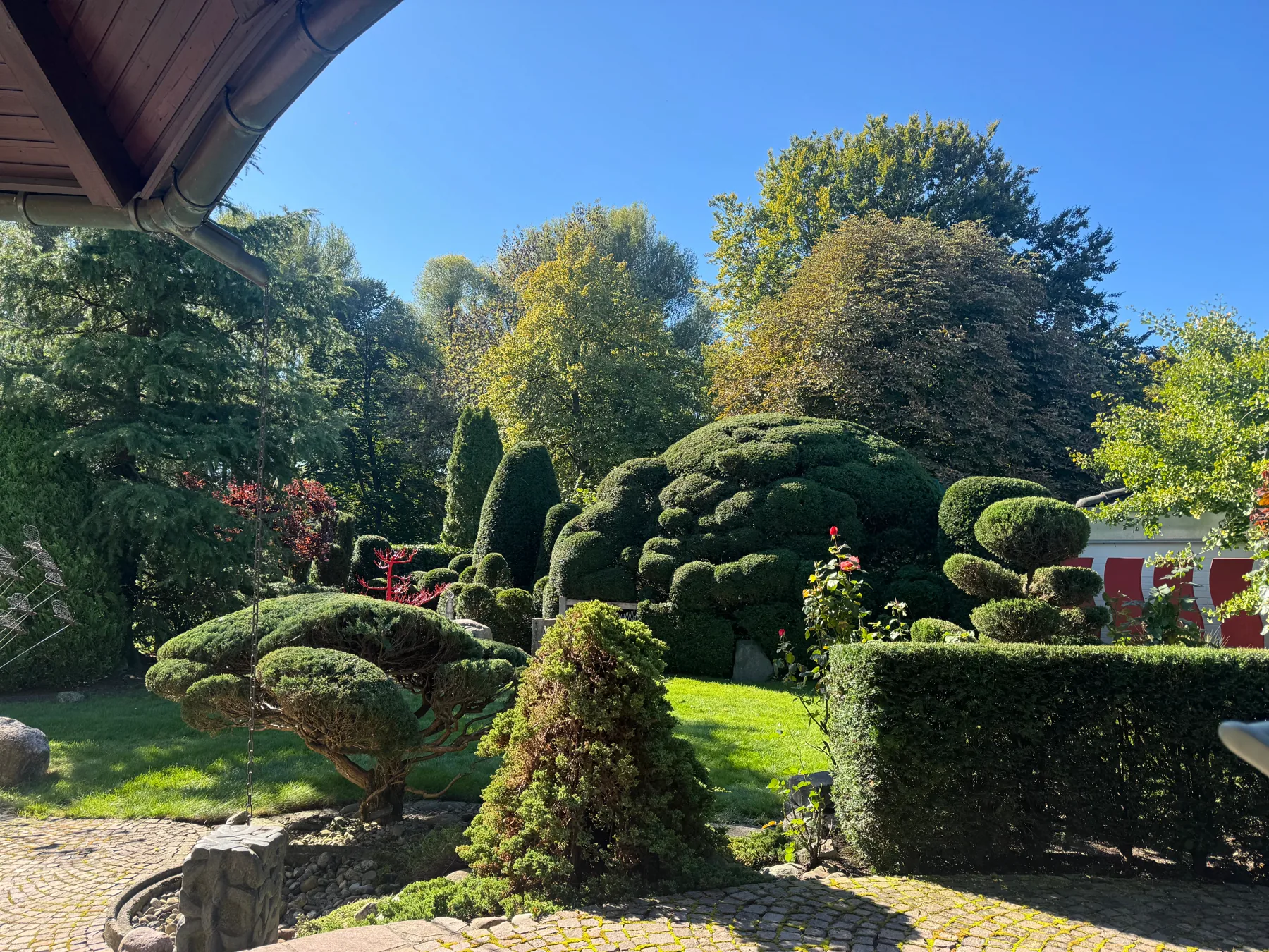 Garten mit formgeschnittenen Gehölzen und gepflastertem Weg